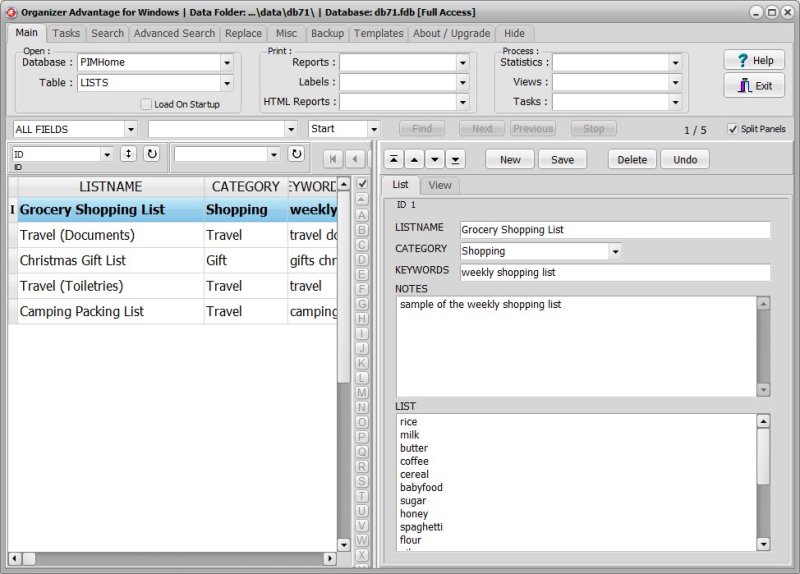 PIM Management Software for Windows PCs shopping packing lists